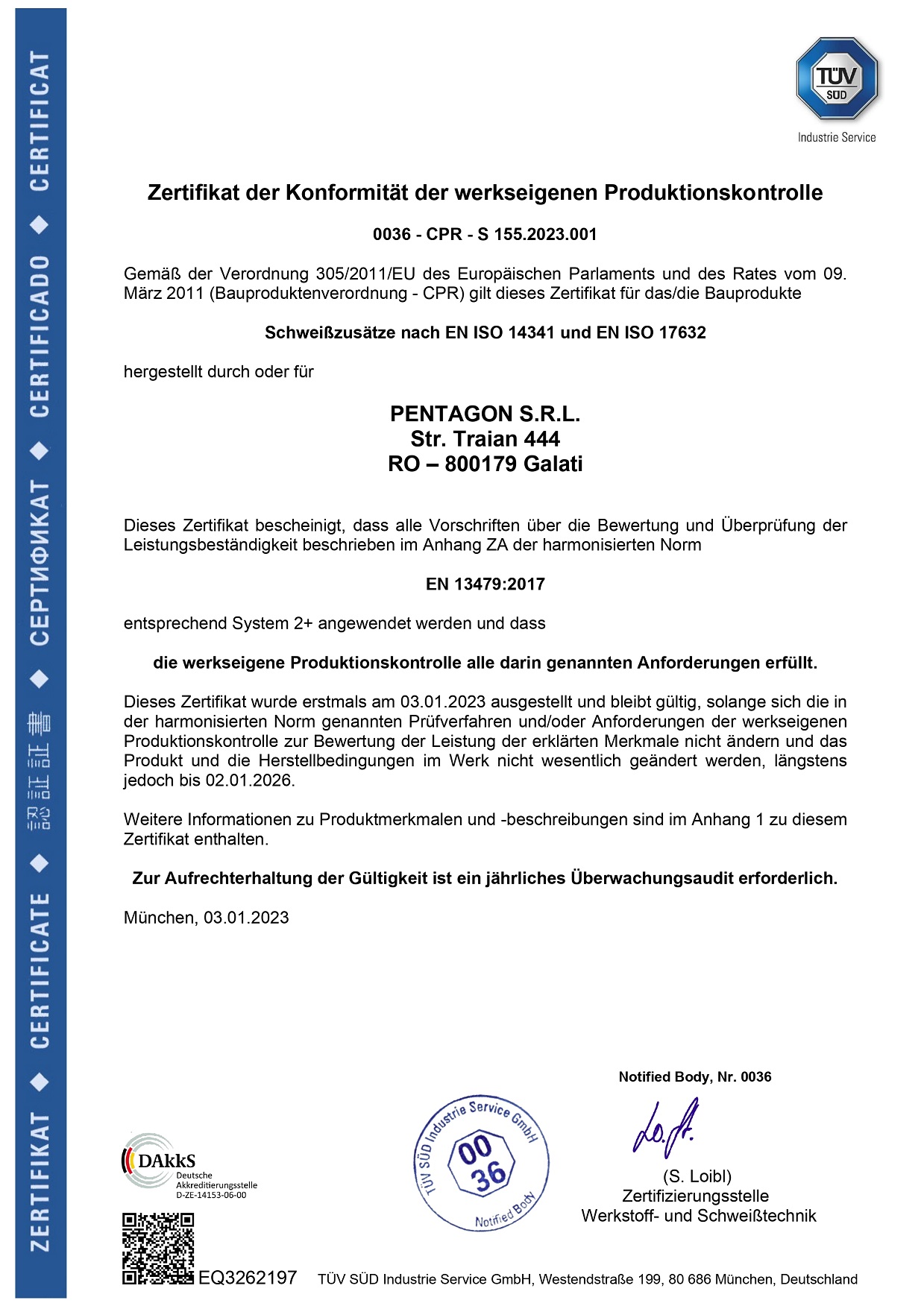 Certificat de conformitate al controlului producÄā€ŗiei din fabricĆ„Ā Pentagon Romania